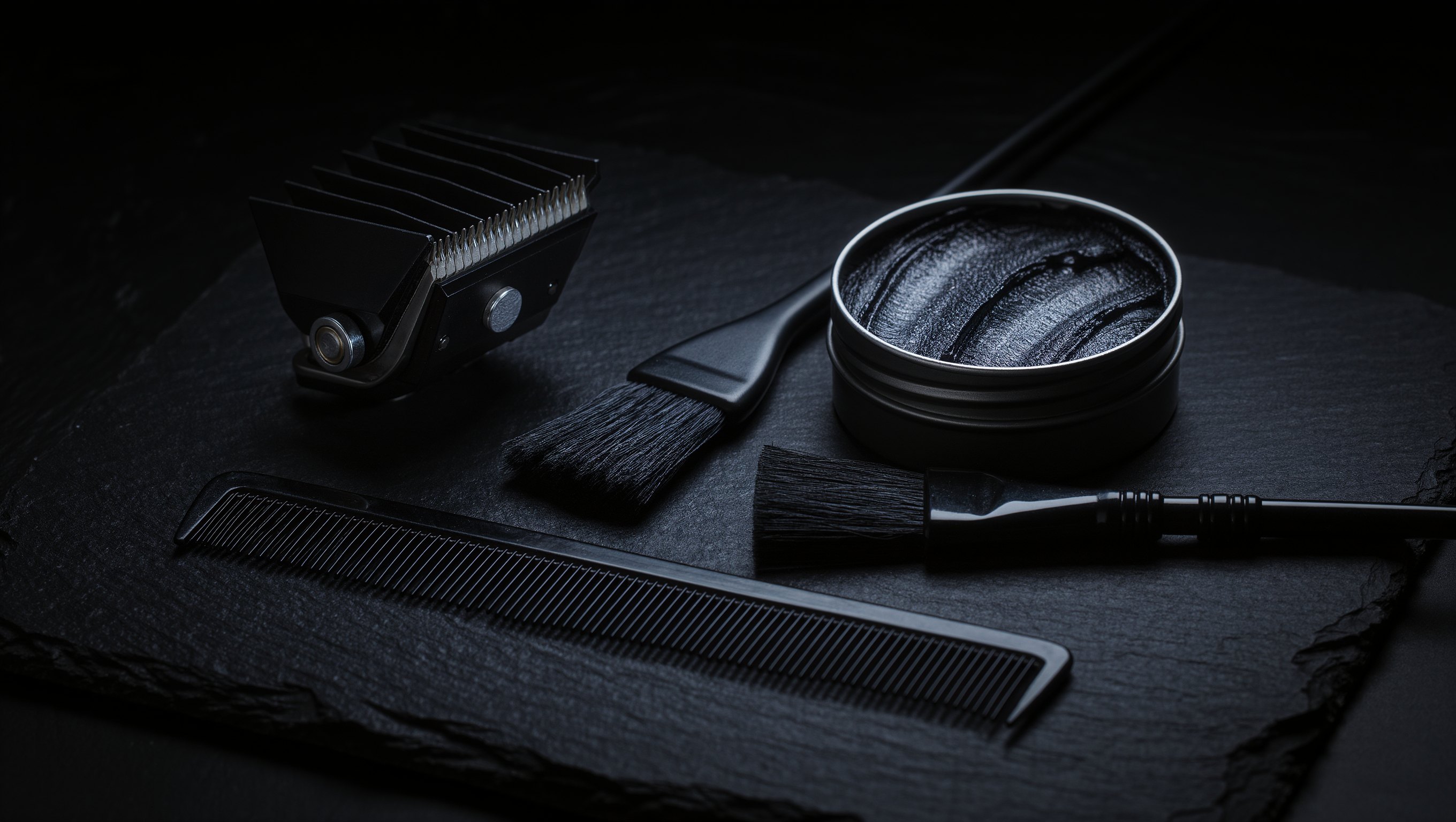 Haarschneidemaschine mit Aufsatzkamm neben Stielkamm, Buerste und offenem Tiegel mattem Stylingprodukt